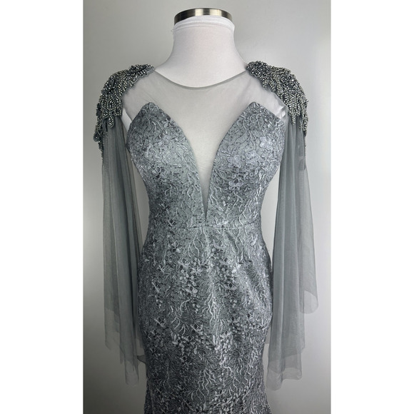 Dekolte Beaded Lace Sequin Evening Gown Mermaid Illusion Cape Sleeve Formal 42 - Picture 2 of 16